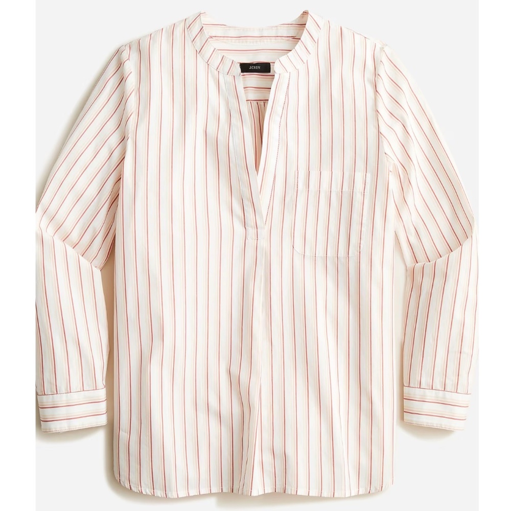 J Crew V-Neck Cotton Poplin Long-Sleeve Popover Top in Red & Orange Stripes